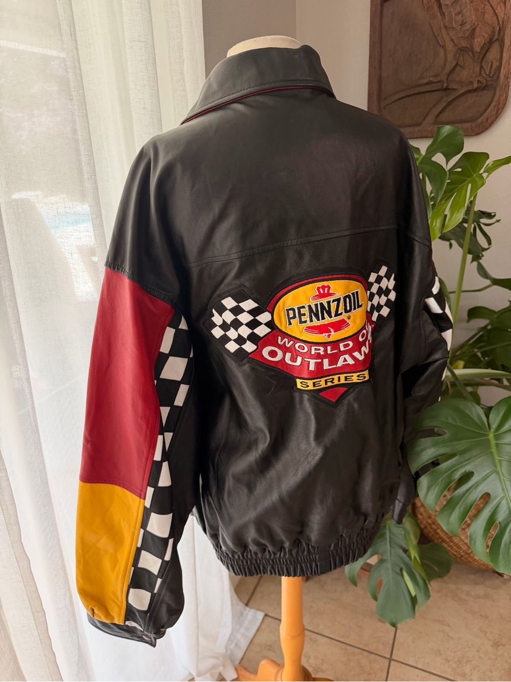 Vintage Pennzoil World of Outlaws Leather Racing Jacket XXL Black Saxon